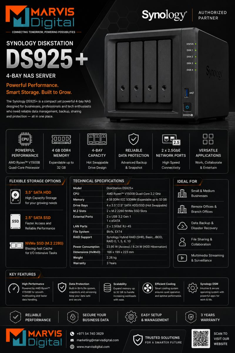 Synology DiskStation DS925+ 4-Bay NAS Server – High-Performance Network Storage UAE